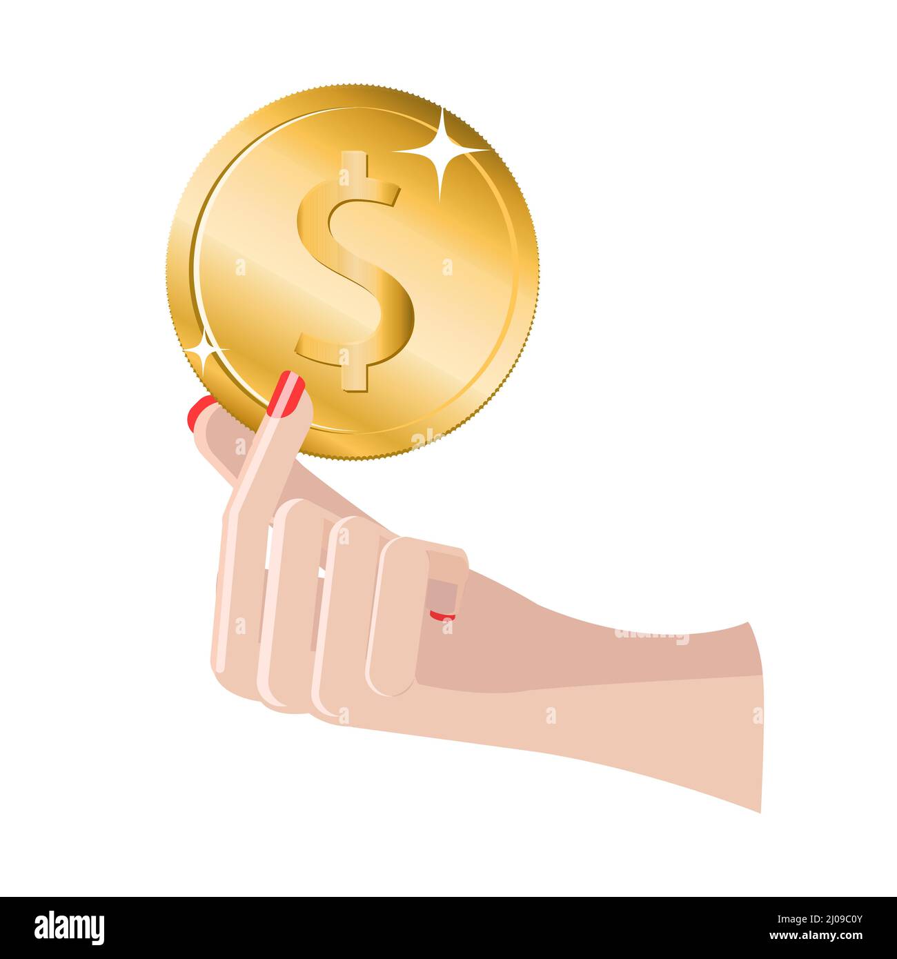 Schöne Frau Hand hält eine Dollar-Münze isoliert auf weißem Hintergrund. Vektorgrafik Stock Vektor