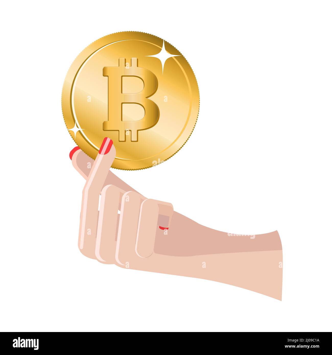 Schöne Frau Hand hält eine Bitcoin Münze isoliert auf weißem Hintergrund. Vektorgrafik Stock Vektor