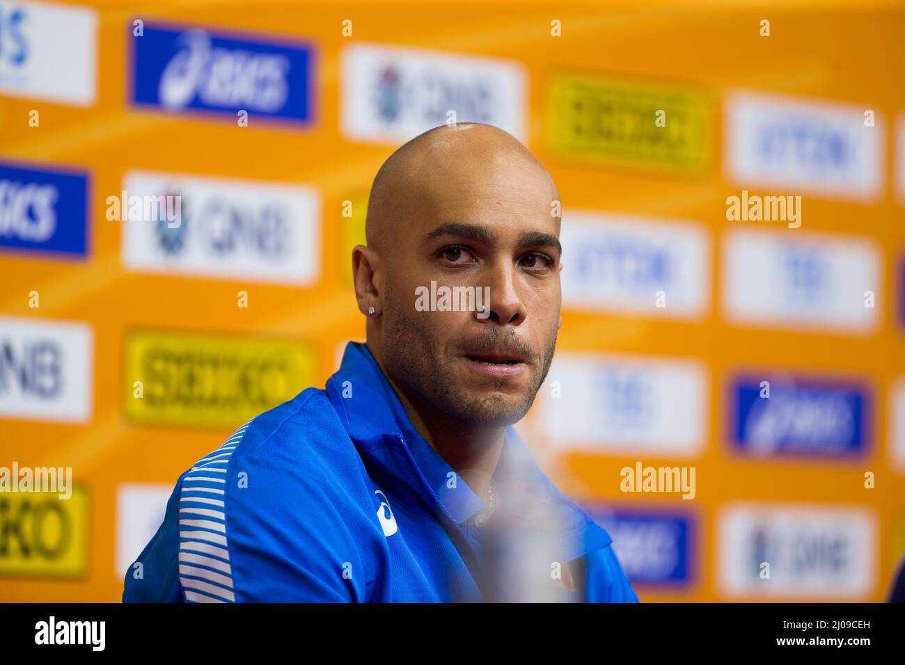 Belgrad, Serbien, 17.. März 2022. Marcell Jacobs aus Italien während der Leichtathletik-Hallenweltmeisterschaften Belgrad 2022 - Pressekonferenz in Belgrad, Serbien. 17. März 2022. Kredit: Nikola Krstic/Alamy Stockfoto