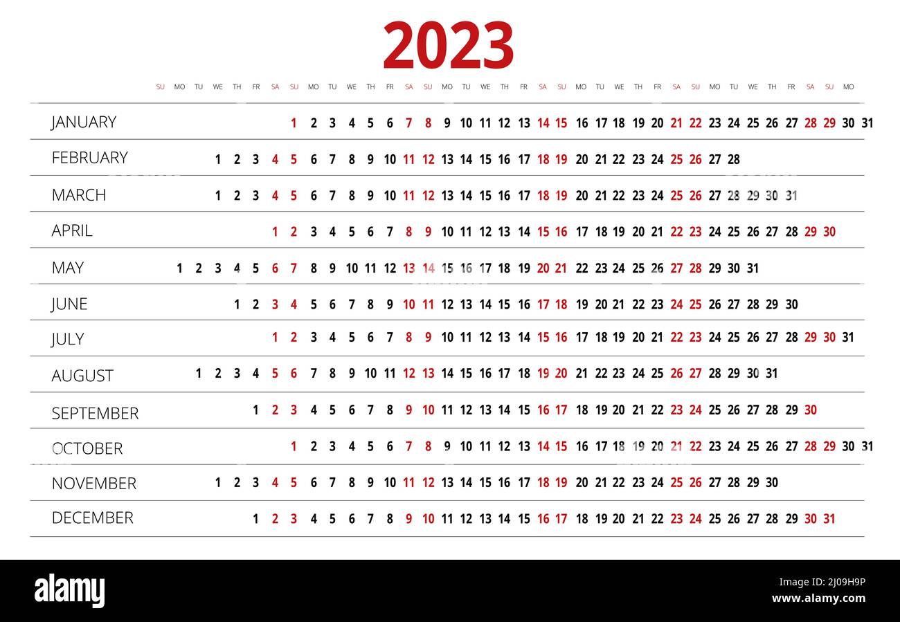 Kalender-Planer für 2023. Kalendervorlage für 2023. Briefpapier Design Druckvorlage. Die Woche beginnt am Sonntag. Stock Vektor