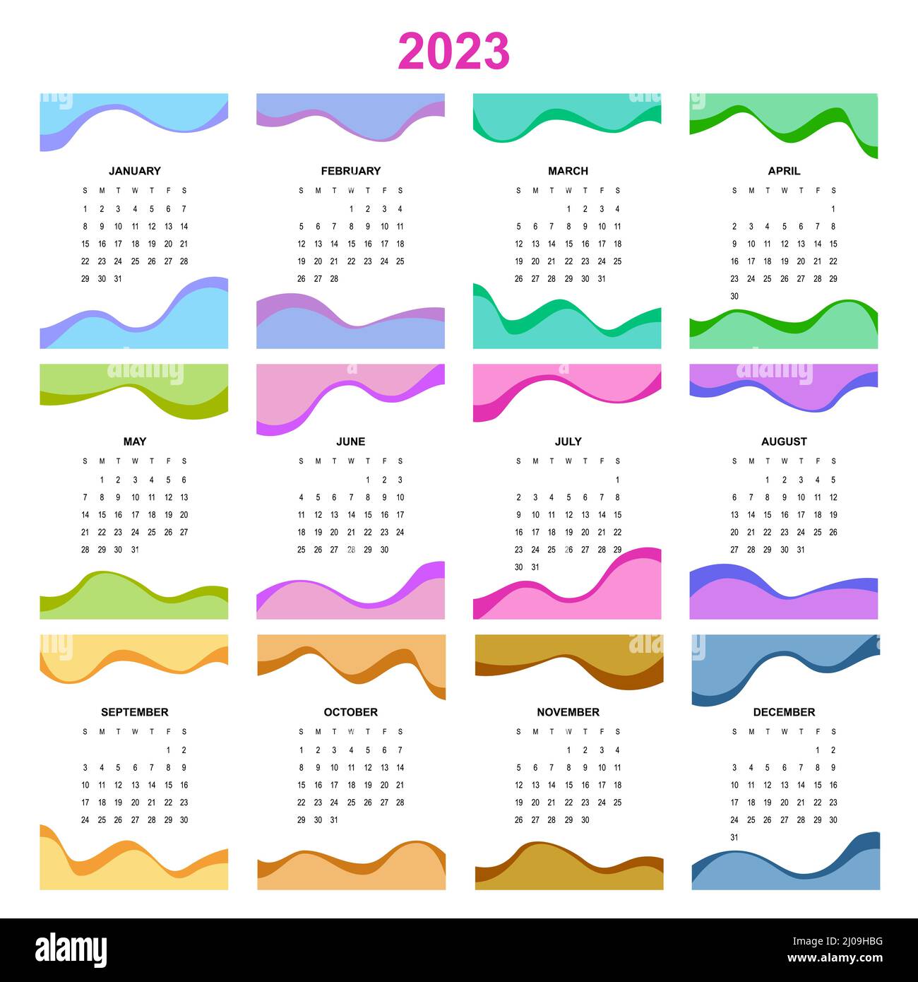 Kalender-Planer für 2023. Kalendervorlage für 2023. Briefpapier Design Druckvorlage. Die Woche beginnt am Sonntag. Stock Vektor