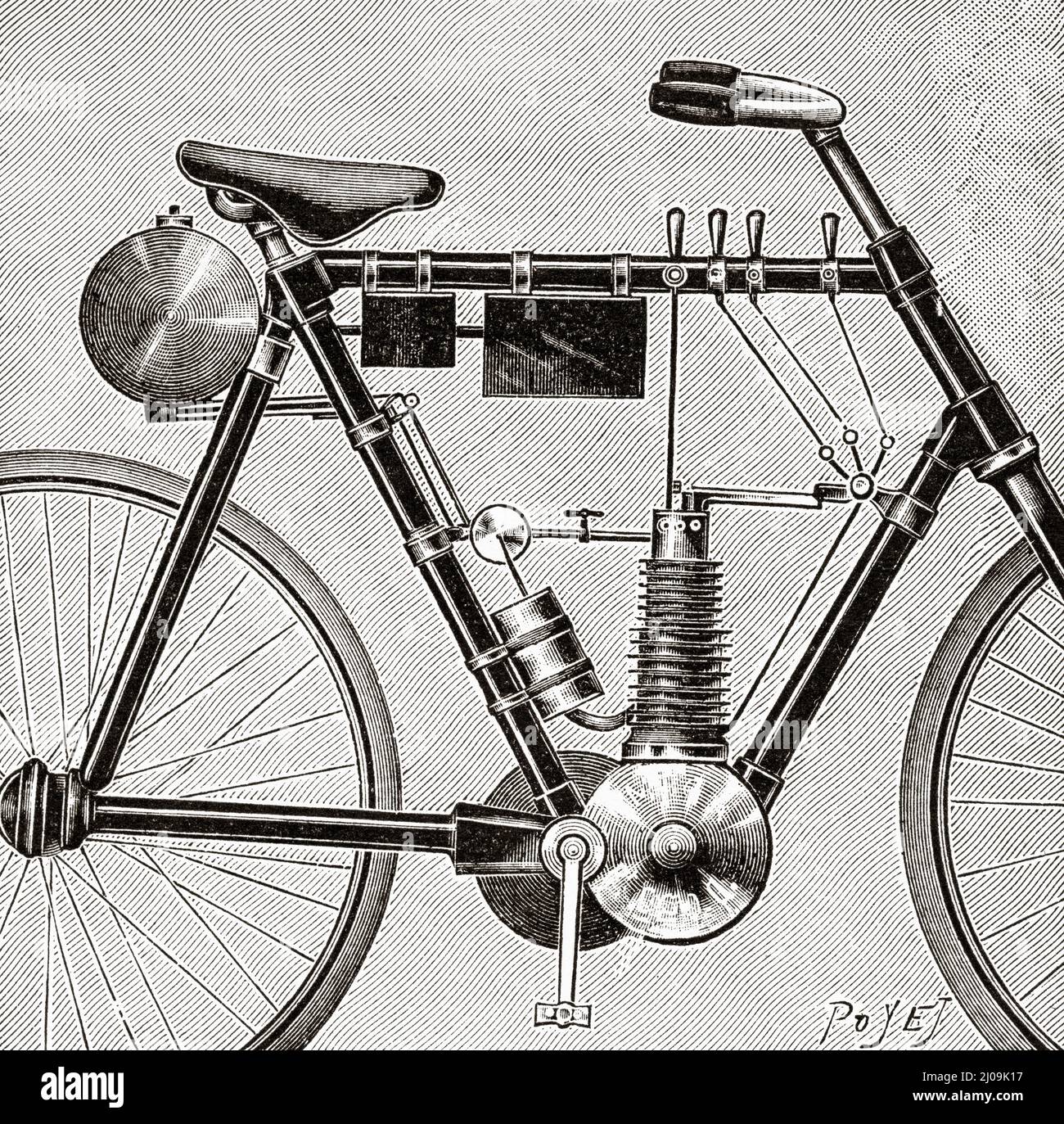 Petrolette Omega Motorrad mit Benzinmotor. Alte, gravierte Illustration aus dem 19.. Jahrhundert von La Nature 1899 Stockfoto