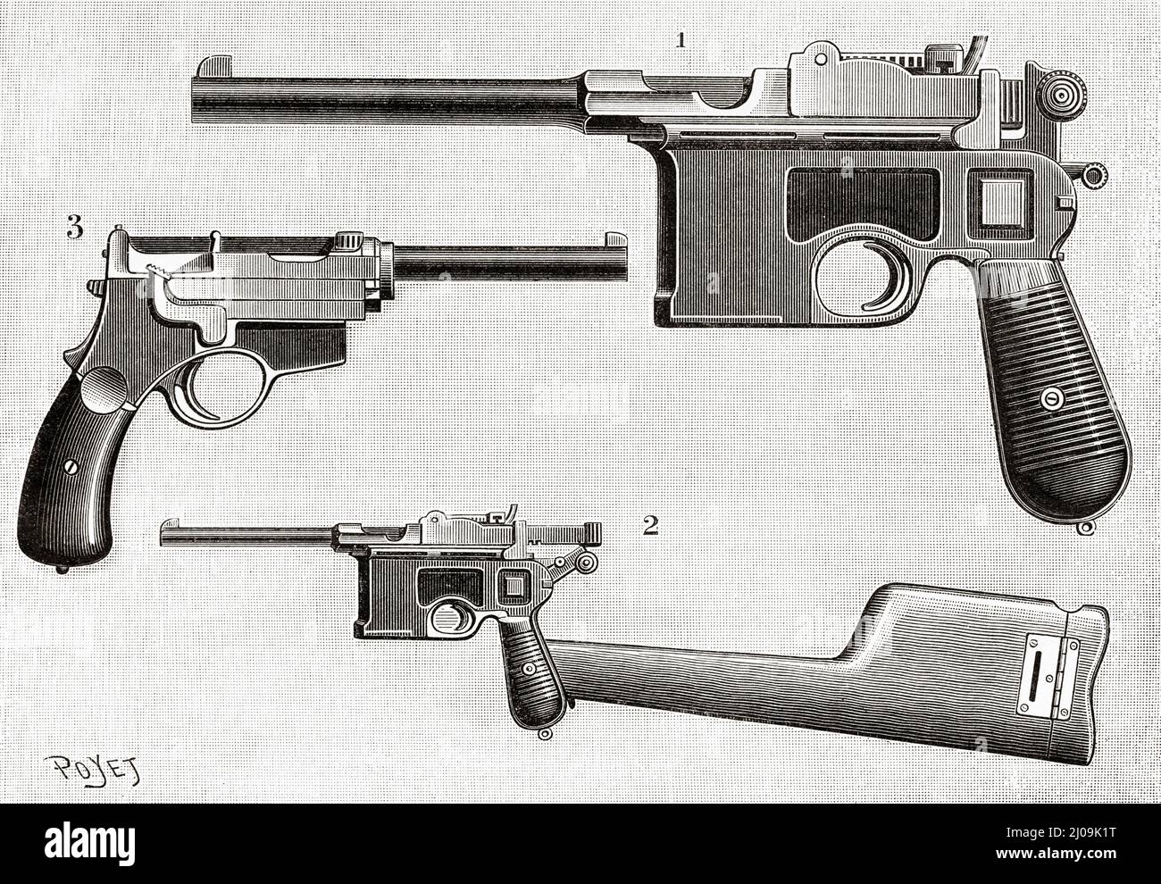 Automatische Pistolen. 1 Mauser-Pistole, 2 Mauser-Pistole, die mit der Schleuse in ein Gewehr verwandelt wurde, 3 Pistolet Mannlicher. Alte, gravierte Illustration aus dem 19.. Jahrhundert von La Nature 1899 Stockfoto