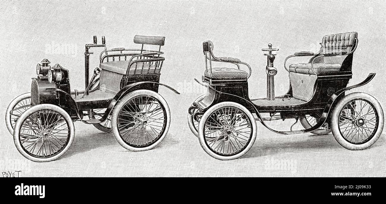 Renault-Auto mit Dion-Bouton-Motoren und Dion und Bouton-Auto mit einem Einzylinder-Motor ausgestattet. Alte, gravierte Illustration aus dem 19.. Jahrhundert von La Nature 1899 Stockfoto