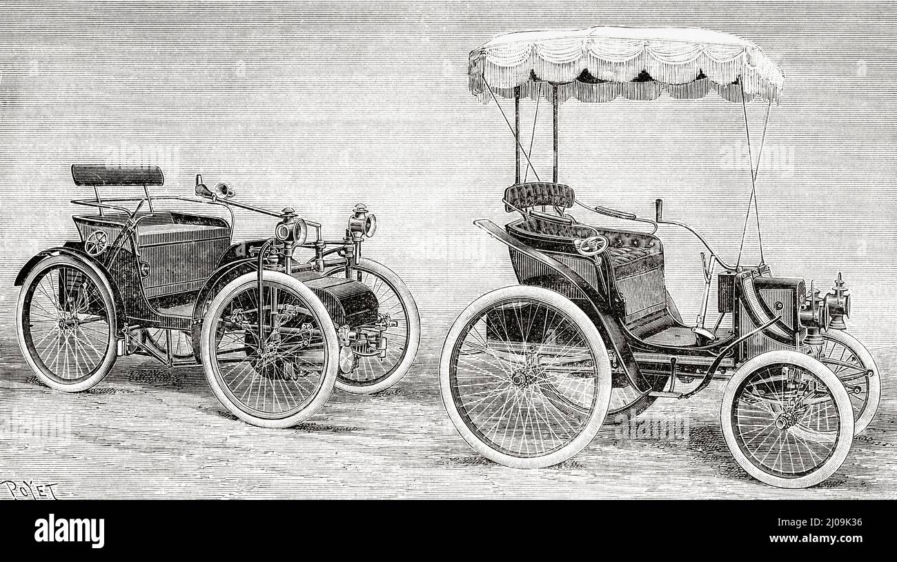 Levenn Car und Cottereau Auto . Alte, gravierte Illustration aus dem 19.. Jahrhundert von La Nature 1899 Stockfoto
