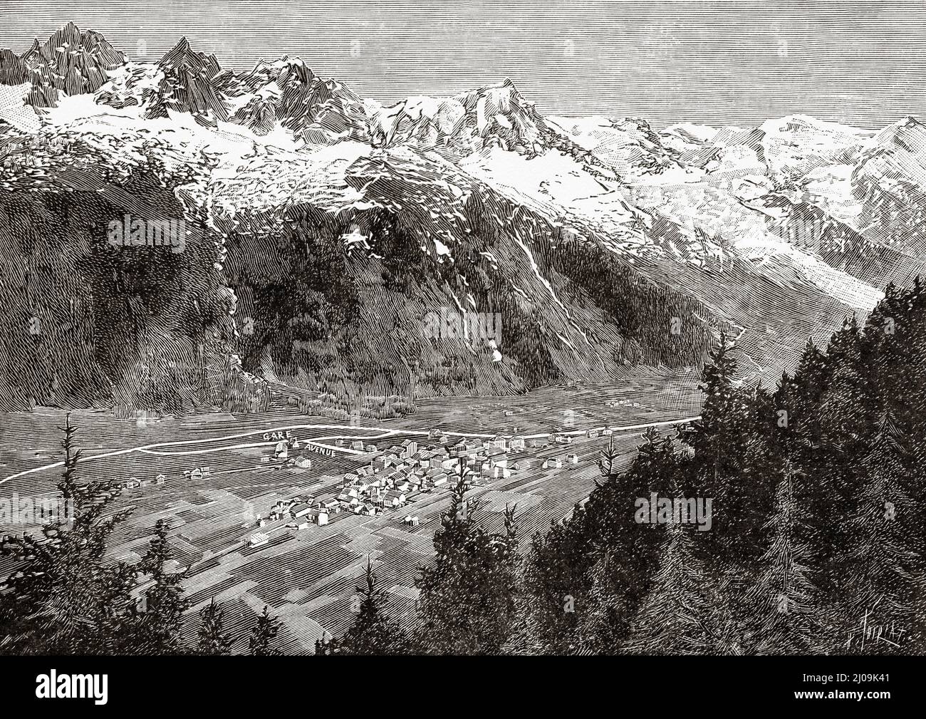 Mont-Blanc-Gebirge, Chamonix. Mont-Blanc. Haute-Savoie. Französische Alpen. Frankreich, Europa. Alte, gravierte Illustration aus dem 19.. Jahrhundert von La Nature 1899 Stockfoto