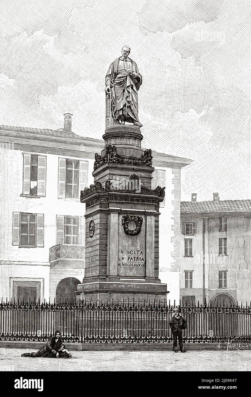 Alessandro Volta Statue, Como, Italien. Alte, gravierte Illustration aus dem 19.. Jahrhundert von La Nature 1899 Stockfoto