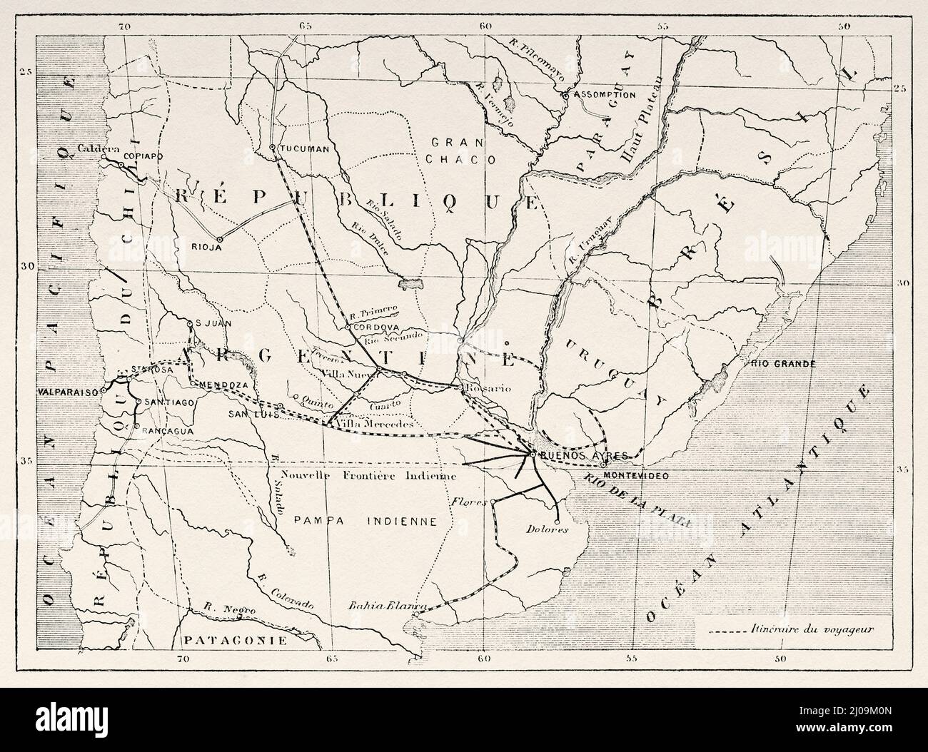Karte der Reise von Montevideo in Uruguay nach Santa Rosa in Chile von Desiré Charnay im Jahr 1876. Südamerika. Durch die Pampas und die Cordillera, von Montevideo nach Santa Rosa (Chile) von Desiré Charnay, 1876 Stockfoto