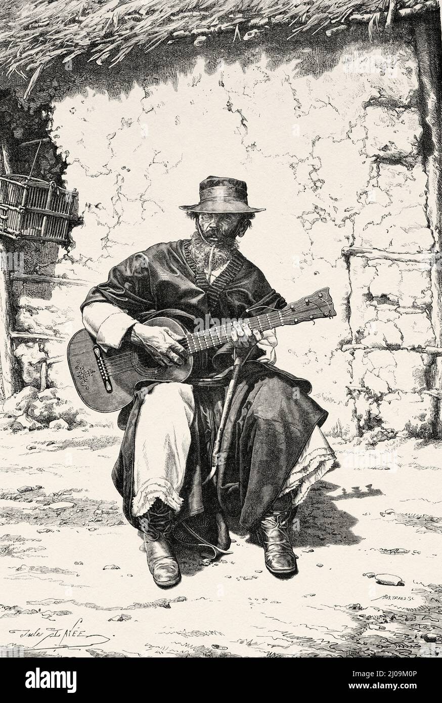 Ein argentinischer Gaucho, der Gitarre spielt, Argentinien. Südamerika. Durch die Pampas und die Cordillera, von Montevideo nach Santa Rosa (Chile) von Desiré Charnay, 1876 Stockfoto