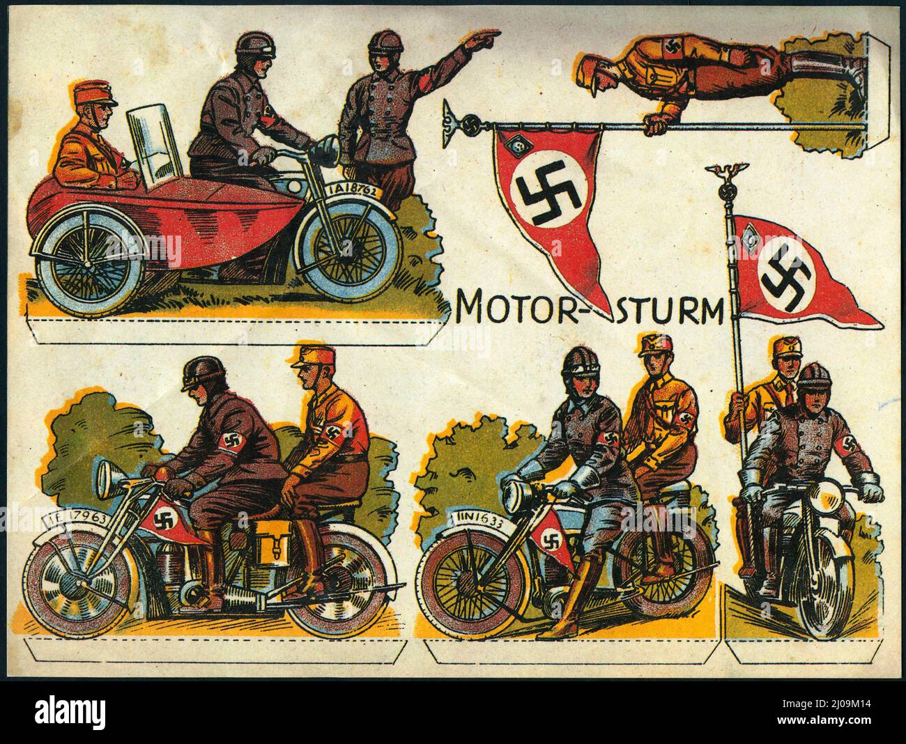 Ausgeschnittene Papierpuppen SA Sturmabteilung Motorraduniformen Flaggen NSDAP Nazi-Partei Propaganda. 1930s. Stockfoto