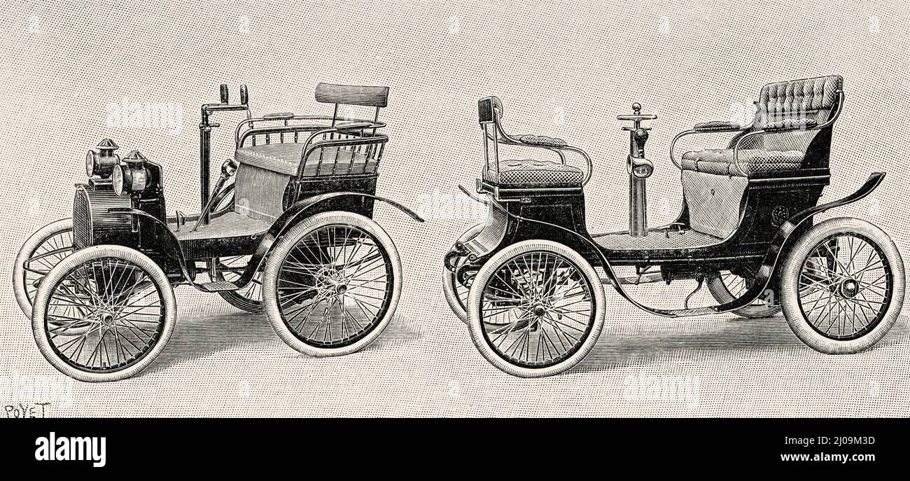 Renault-Auto mit Dion-Bouton-Motoren und Dion und Bouton-Auto mit einem Einzylinder-Motor ausgestattet. Alte, gravierte Illustration aus dem 19.. Jahrhundert von La Nature 1899 Stockfoto