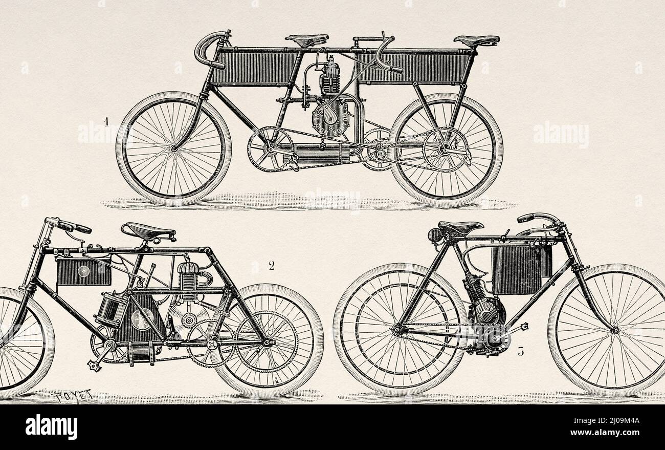 1 Richard-Choubersky Autotandemal, 2 Mechanik des Girardot-Fahrrads, 3 Lamaudiere und Labre-Benzinfahrrad. Alte, gravierte Illustration aus dem 19.. Jahrhundert von La Nature 1899 Stockfoto