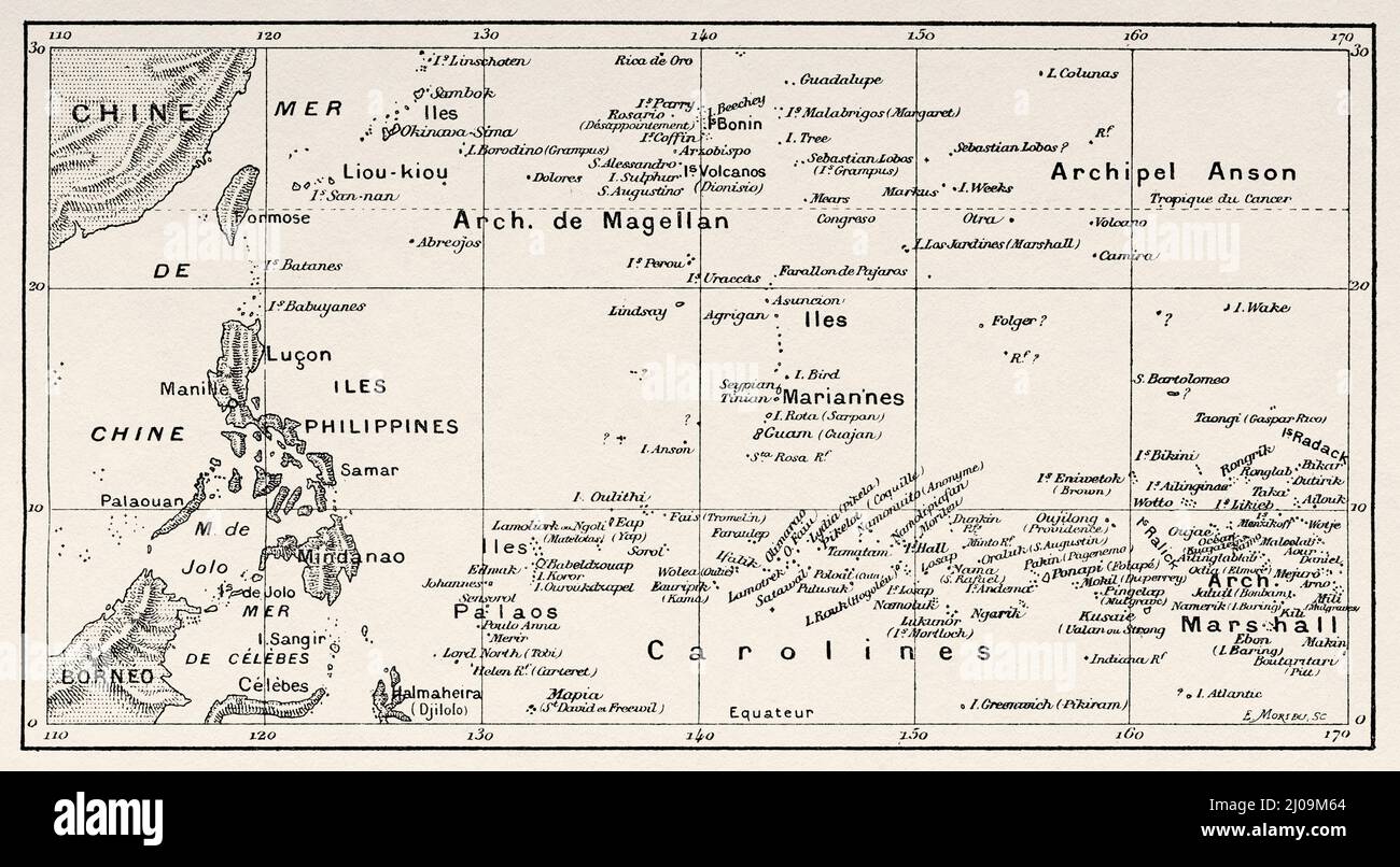 Deutsche Kolonien in Ozeanien Karte. Alte, gravierte Illustration aus dem 19.. Jahrhundert von La Nature 1899 Stockfoto