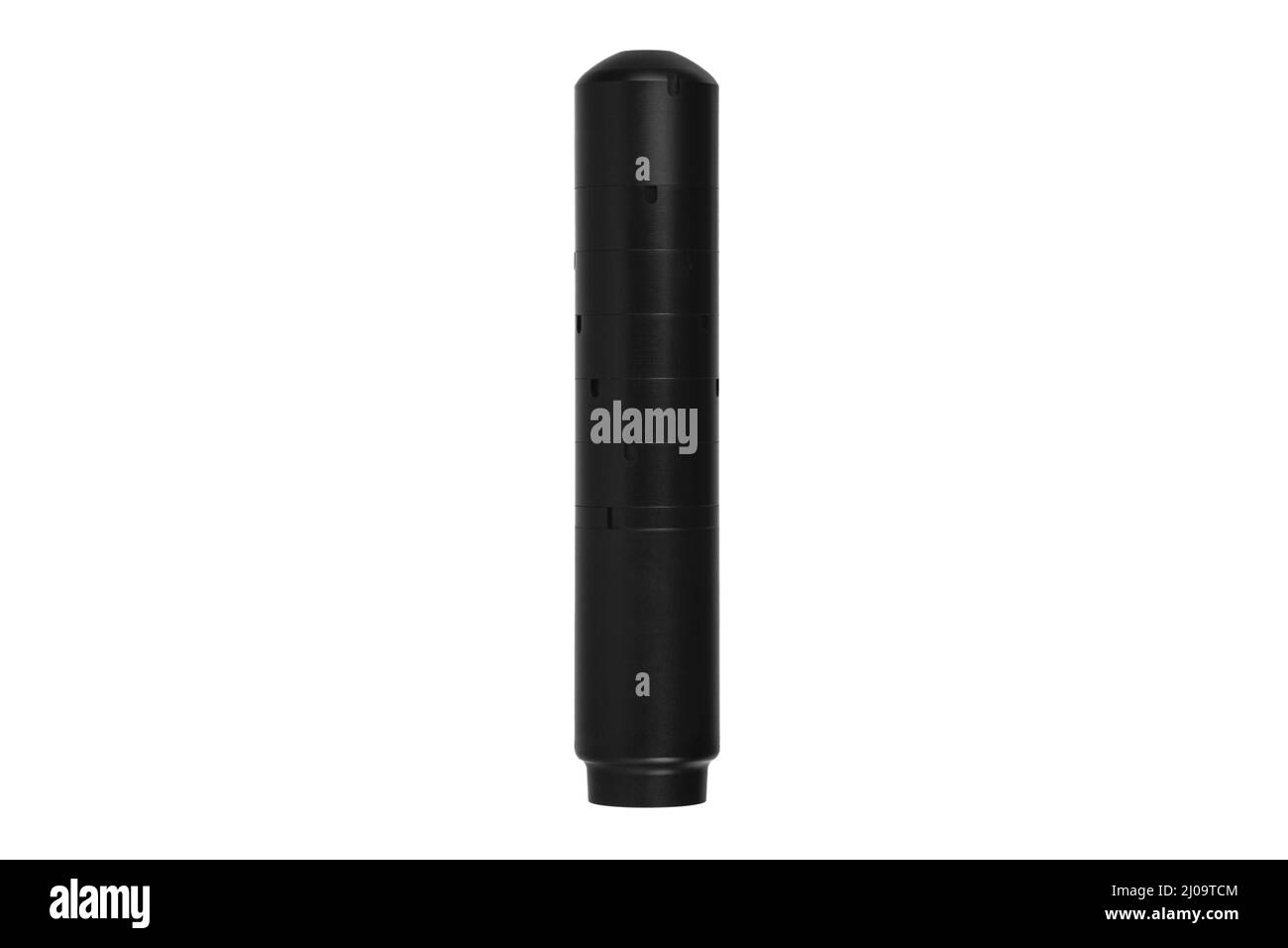 Schwarzer Schalldämpfer für Waffen. Suppressor, der am Ende eines Sturmgewehrs steht. Isolieren auf weißem Hintergrund. Stockfoto