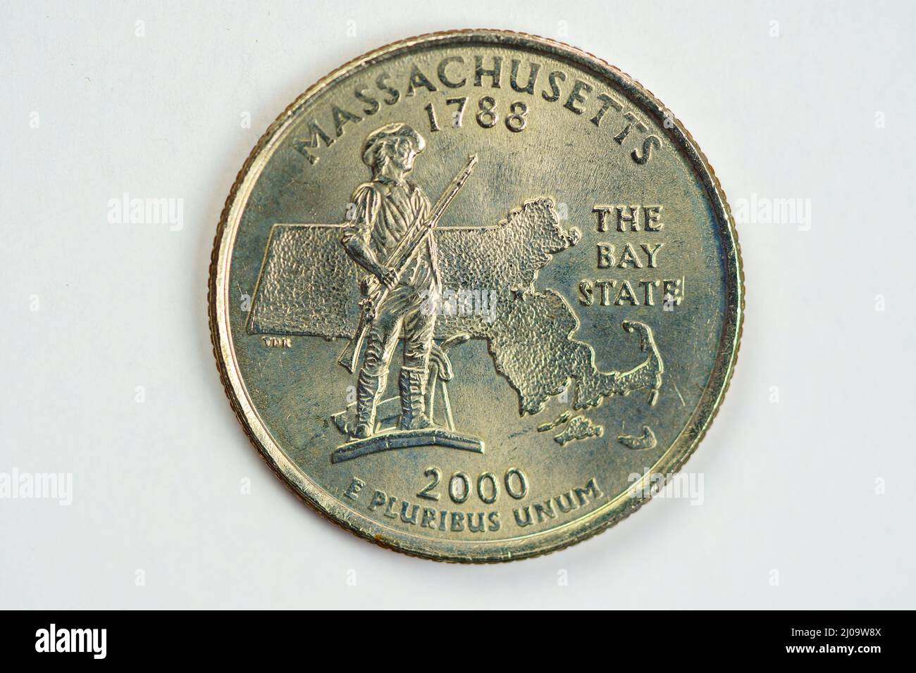 Eine Vierteldollar-Münze (25 Cent) mit dem Bild von Massachusetts (Bay State), USA. Stockfoto