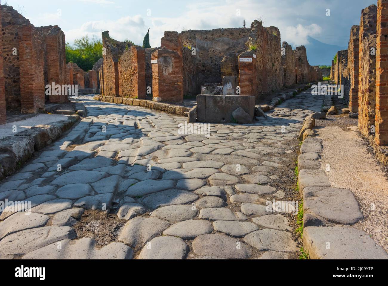 Ruinen von Pompeji, gepflasterte Straße mit Wegaufdruck, der von der Kutsche hinterlassen wurde, UNESCO-Weltkulturerbe, Provinz Neapel, Region Kampanien, Italien Stockfoto