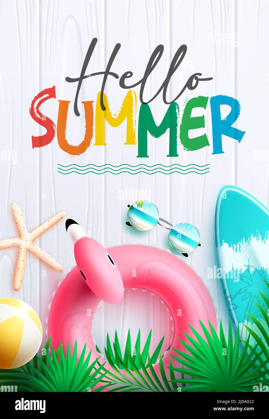 Hallo Sommer Vektor-Poster-Design. Hallo Sommer Grußtext in weißer Textur Hintergrund mit Floater, Blätter und Surfboard-Elemente für tropische. Stock Vektor