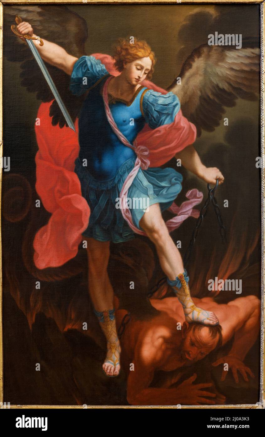 MATER, ITALIEN - 7. MÄRZ 2022: Das Gemälde des Erzengels St. Michael in der Kirche Chiesa di Santa Chiara nach Chido Reni (18. Jh.). Stockfoto