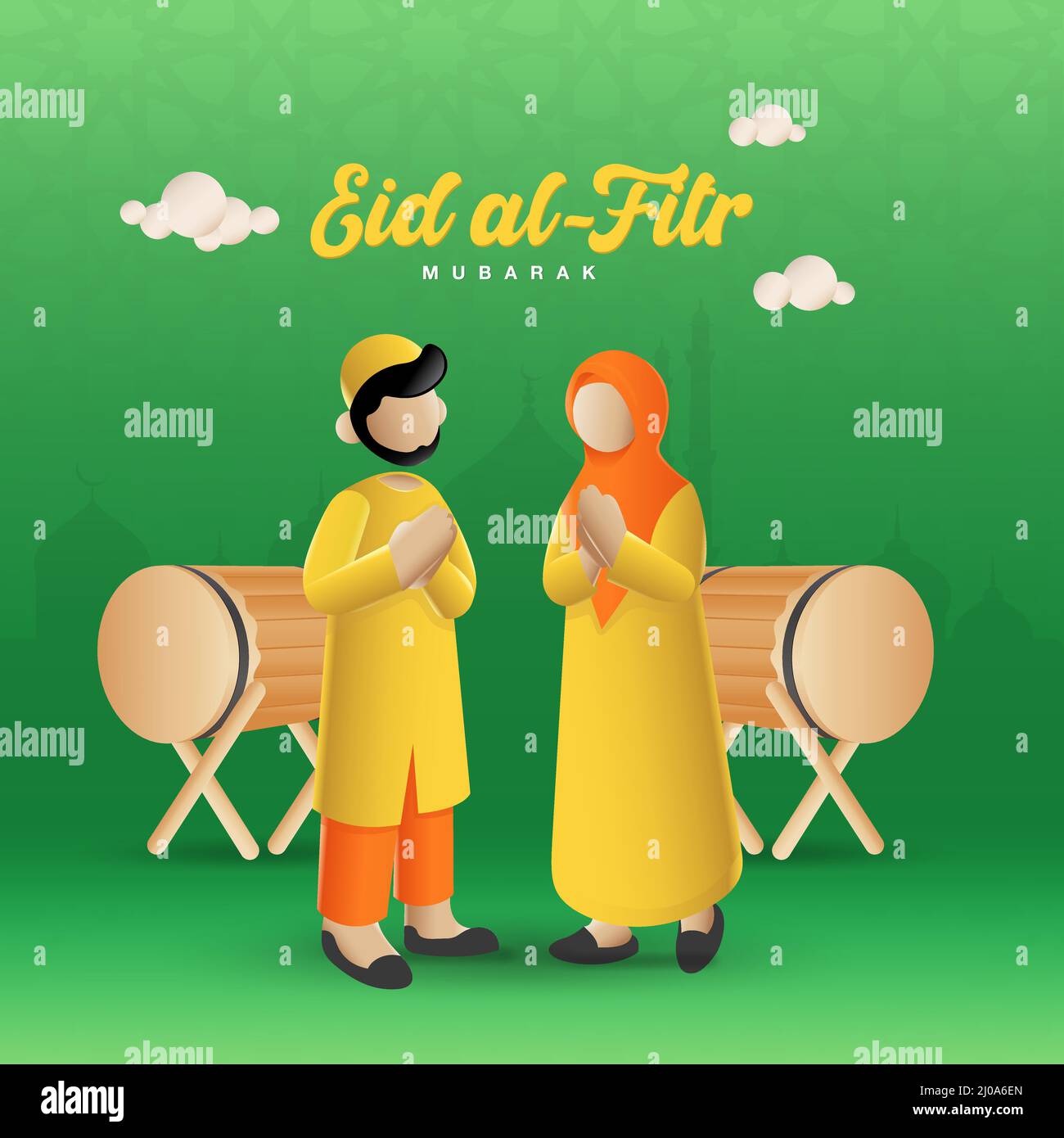 Eid al fitr mubarak. das muslimische Paar segnet Eid al fitr mit der islamischen Trommel auf dem Hintergrund Stock Vektor