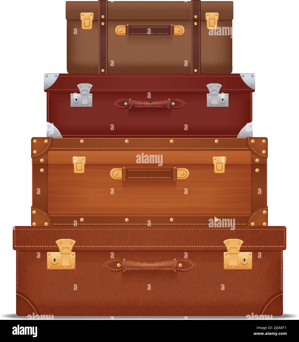 Realistische Zusammensetzung, die Stapel von Vintage-Koffer und Koffer mit Verschlüsse und Metallecken Vektorgrafik Stock Vektor