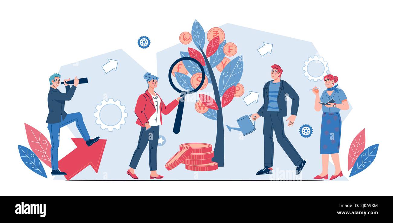 Geschäftskonzept für Investitionen und Geldverdienen, Einkommenswachstum. Profitable Investitionen und Platzierung von Finanzen, flache Vektor-Illustration isoliert o Stock Vektor
