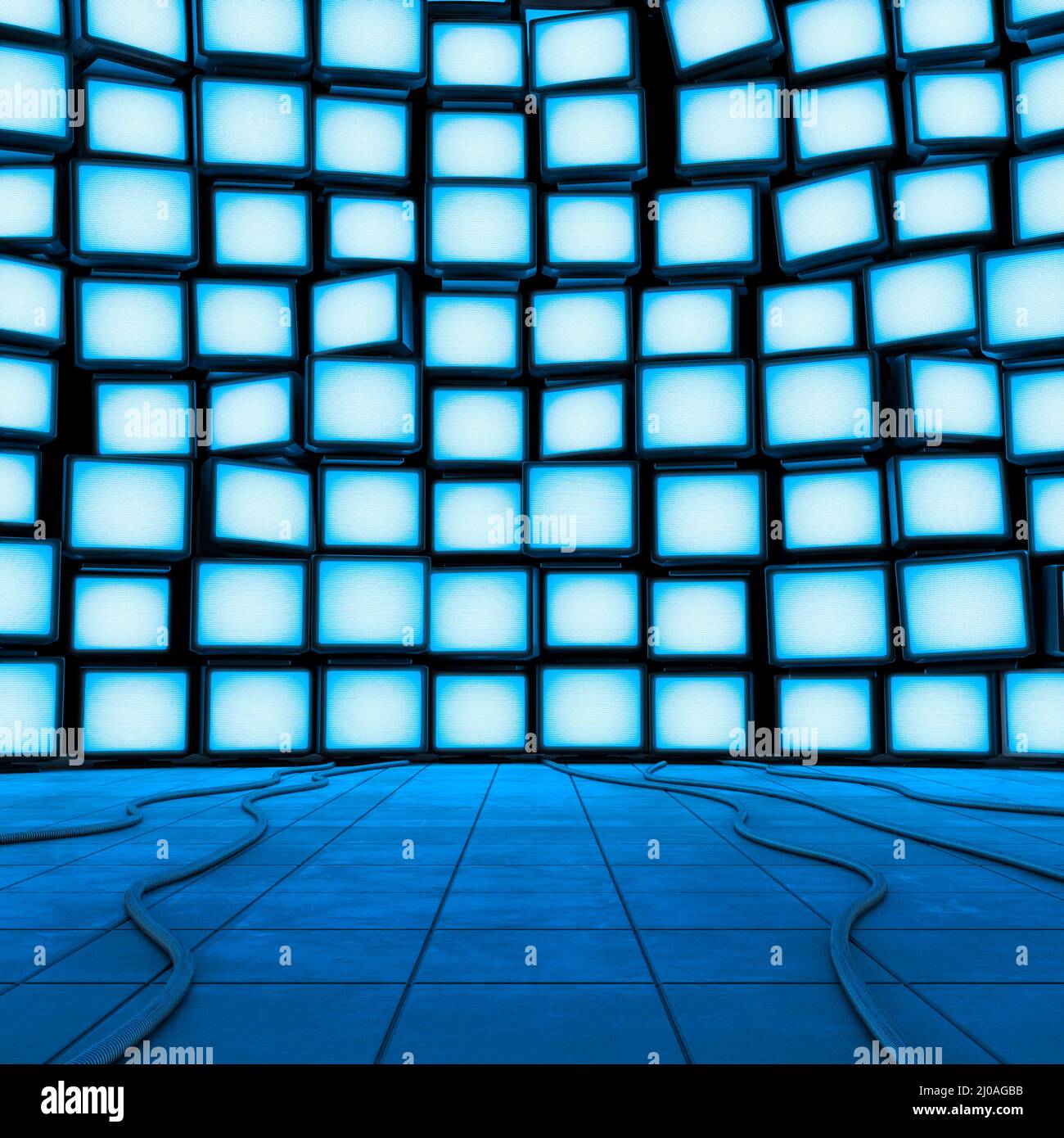 Hintergrund der Monitorwand - 3D Abbildung der Wand von leuchtenden leeren Computerbildschirmen Stockfoto