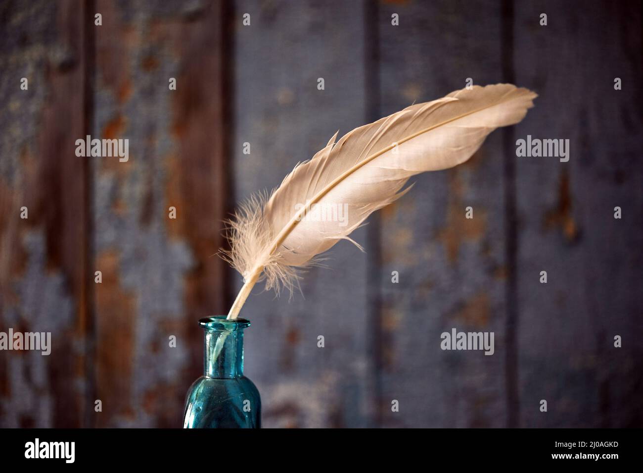 Weiße, graue Feder ich sehe teilweise türkise, blaue Glasflasche vor schuppigem Holzwandhintergrund. Stockfoto