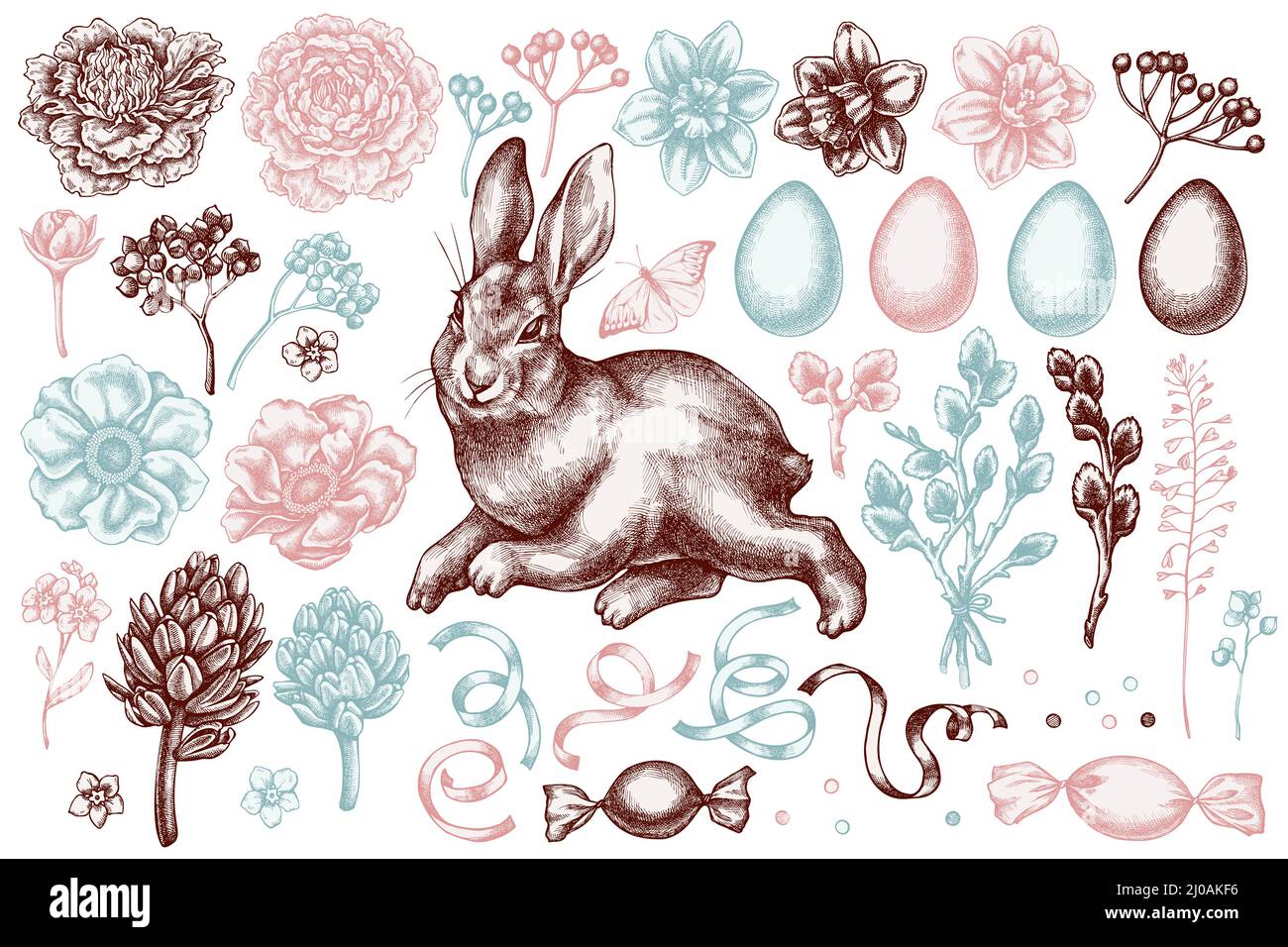 Handgezeichnete Vektor-Illustrationen zu Ostern Kollektion. Stilisiertes Kaninchen, Eier, Weidenzweige usw. Stock Vektor