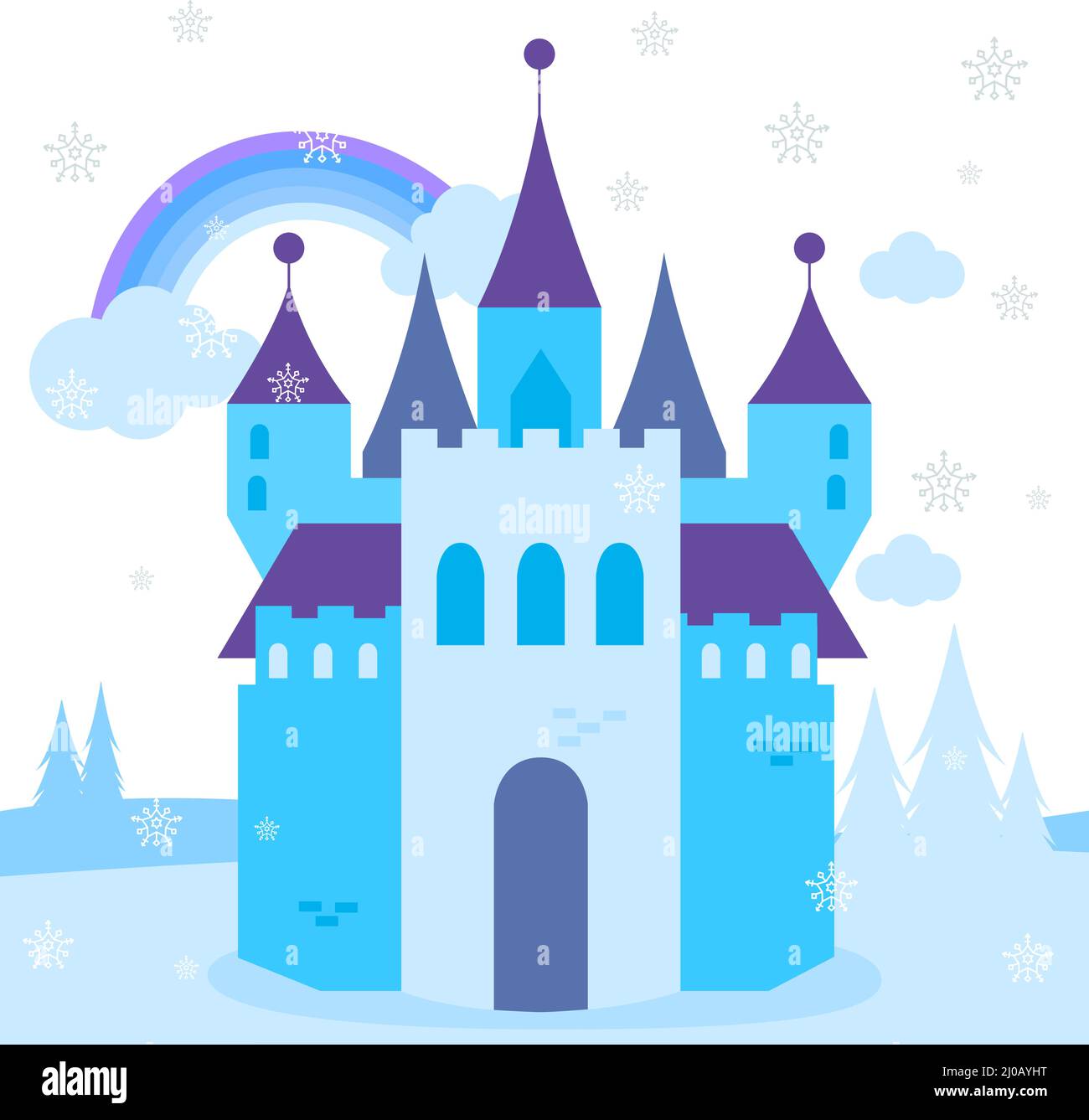Schloss im Schnee in einer wunderschönen Winterlandschaft. Vektorgrafik Stock Vektor