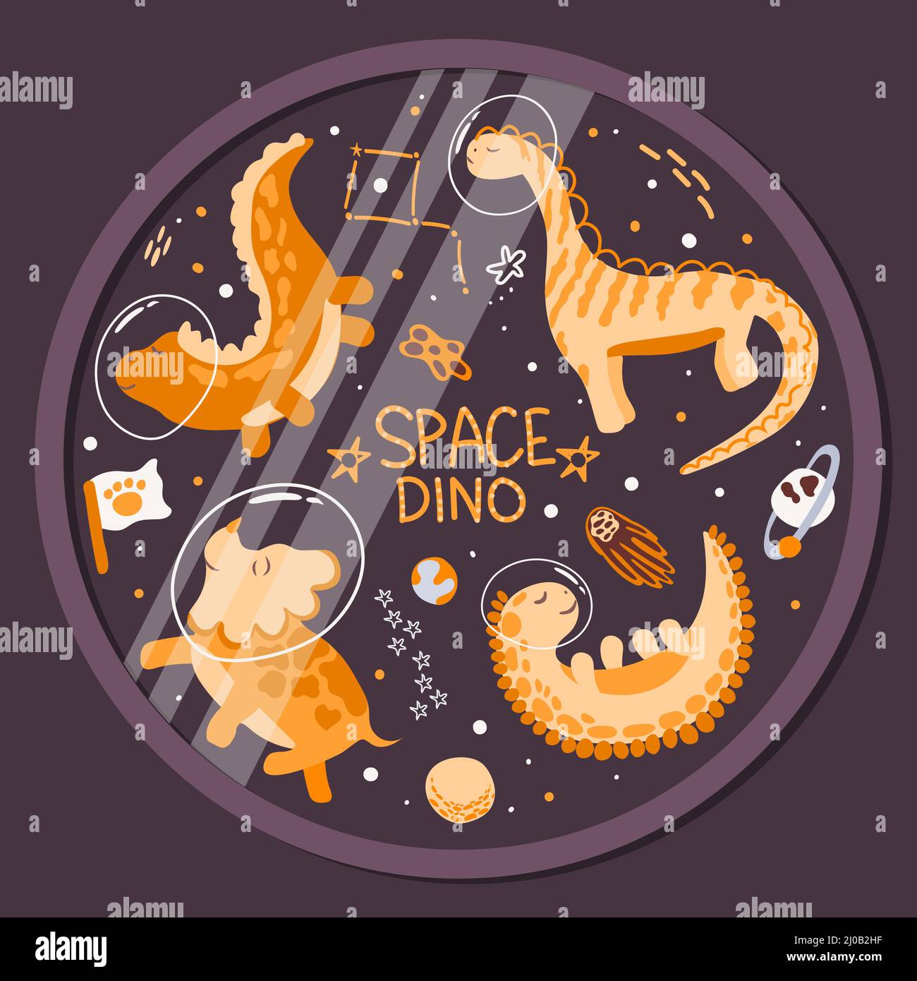 Niedliche Dinosaurier-Astronauten im Bullauge. Vektor im Cartoon-Stil. Dinosaurier im All. Planeten, Kometen, Planeten und Sterne auf dunklem Hintergrund Stock Vektor