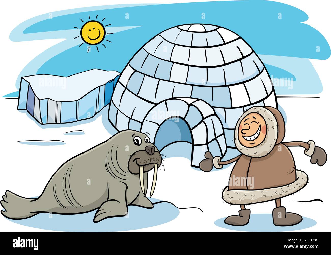 Cartoon-Illustration von Eskimo oder Lapp Mann Figuren mit seinem Iglu Haus und Walross Stock Vektor