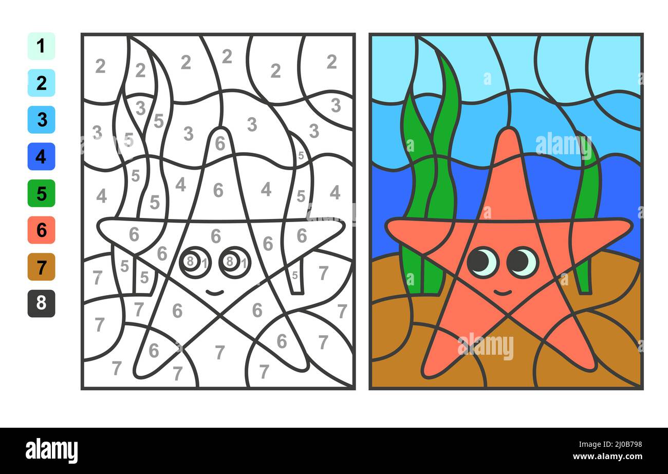 Farbe nach Zahlen Meer- und Meeresleben. Puzzle-Spiel für Kinder Bildung,  Farben für das Zeichnen und Lernen Mathematik Stock-Vektorgrafik - Alamy