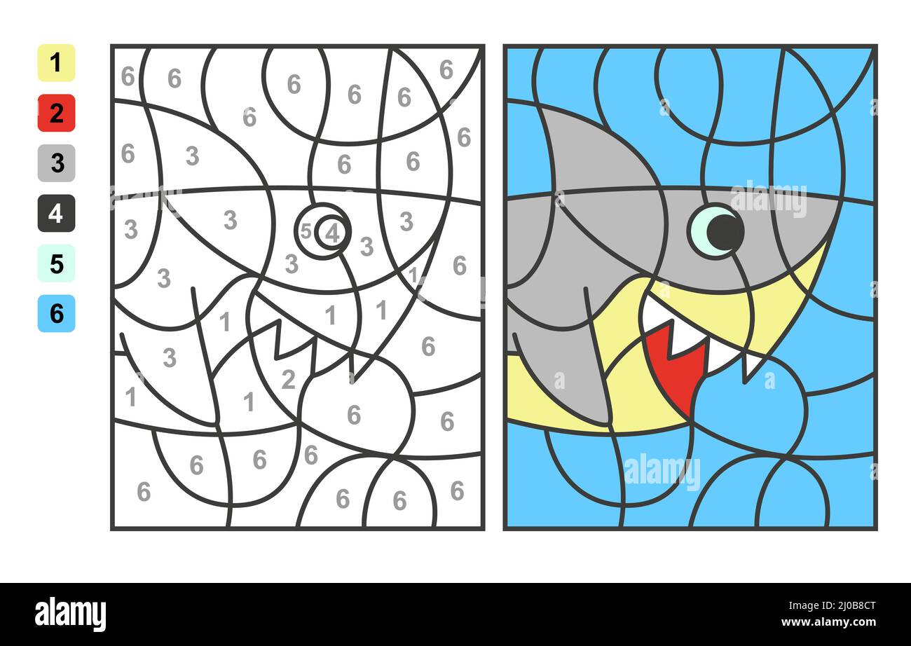 Farbe nach Zahlen Meer- und Meeresleben. Puzzle-Spiel für Kinder Bildung, Farben für das Zeichnen und Lernen Mathematik Stock Vektor