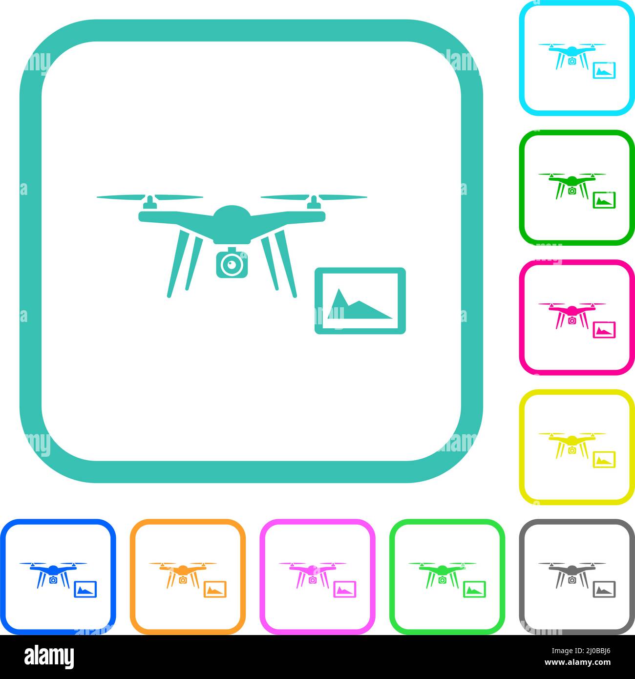 Drohnensteuerung vom Tablet lebendige farbige flache Symbole in geschwungenen Rändern auf weißem Hintergrund Stock Vektor