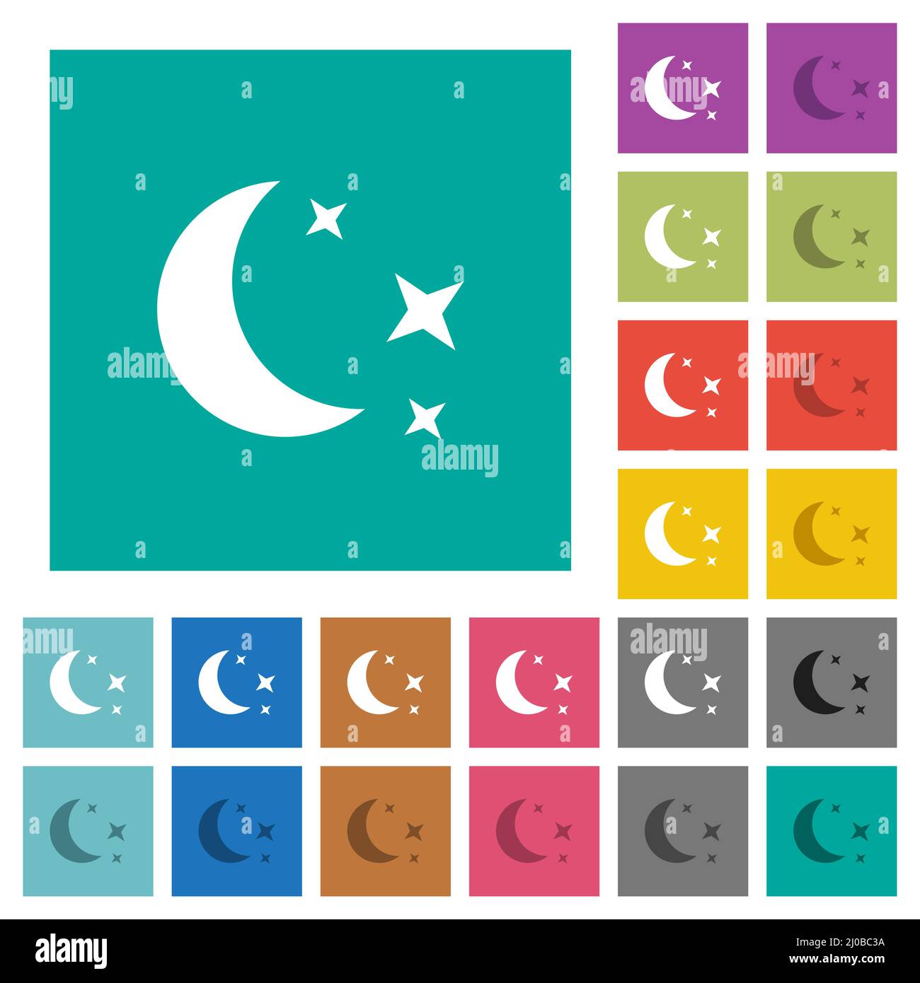 Mehrfarbige flache Symbole mit Mondlicht auf schlichten quadratischen Hintergründen. Weiße und dunklere Symbolvarianten für schwebe- oder aktive Effekte. Stock Vektor