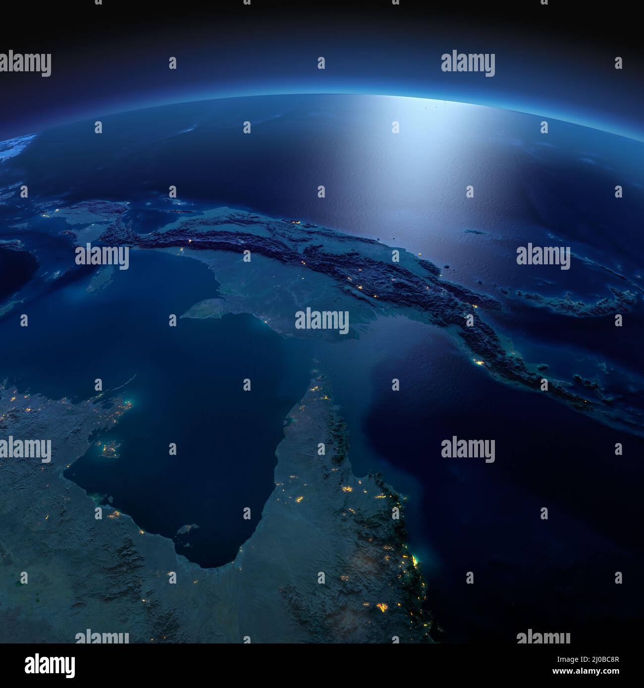Detaillierte Erde. Australien und Papua-Neuguinea bei Mondschein Stockfoto