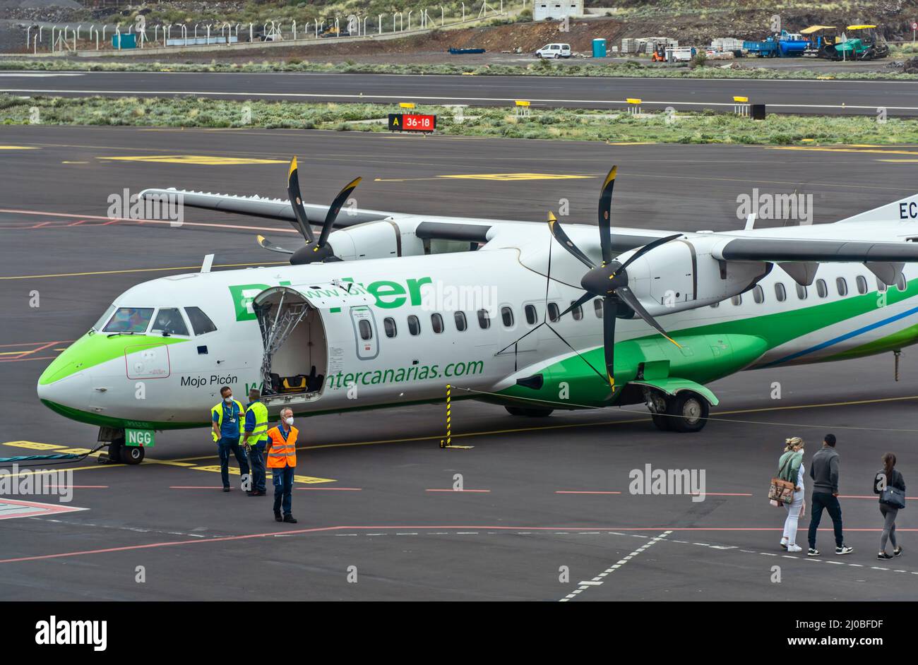 Aeropuerto de La Palma (SPC), 12. März 2022: Flugzeug (ATR 72-600) von Binter Canarias mit der Registrierung EC-NGG an Bord auf dem Vorfeld des flugzeugs Stockfoto