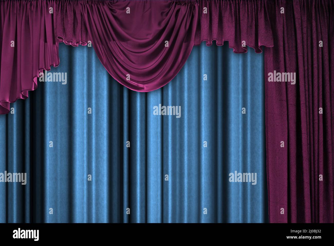 Hintergrund mit lila und blau drapierten Vorhängen Stockfoto
