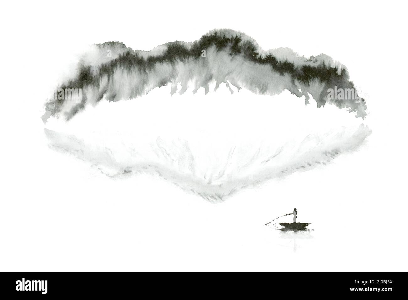 Japanische sumi schwarze Landschaft abstrakt, Berg und See, natürliche Grunge Aquarell Hintergrund, Tinte Kunst, Illustration Stockfoto