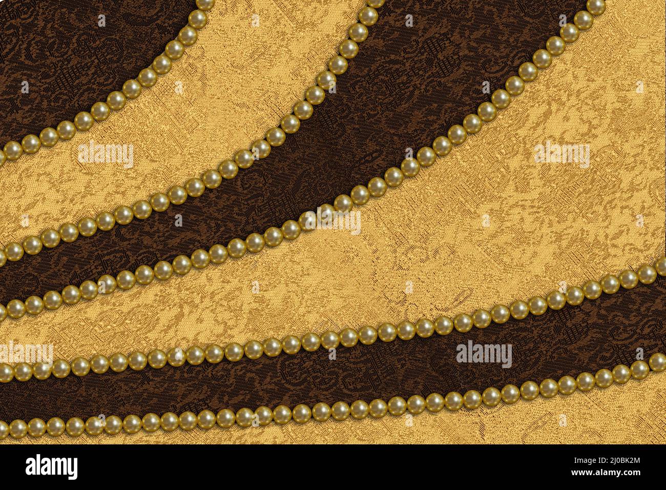 Abstrakter Hintergrund mit goldenem und braunem Satinstoff und Perlen Stockfoto