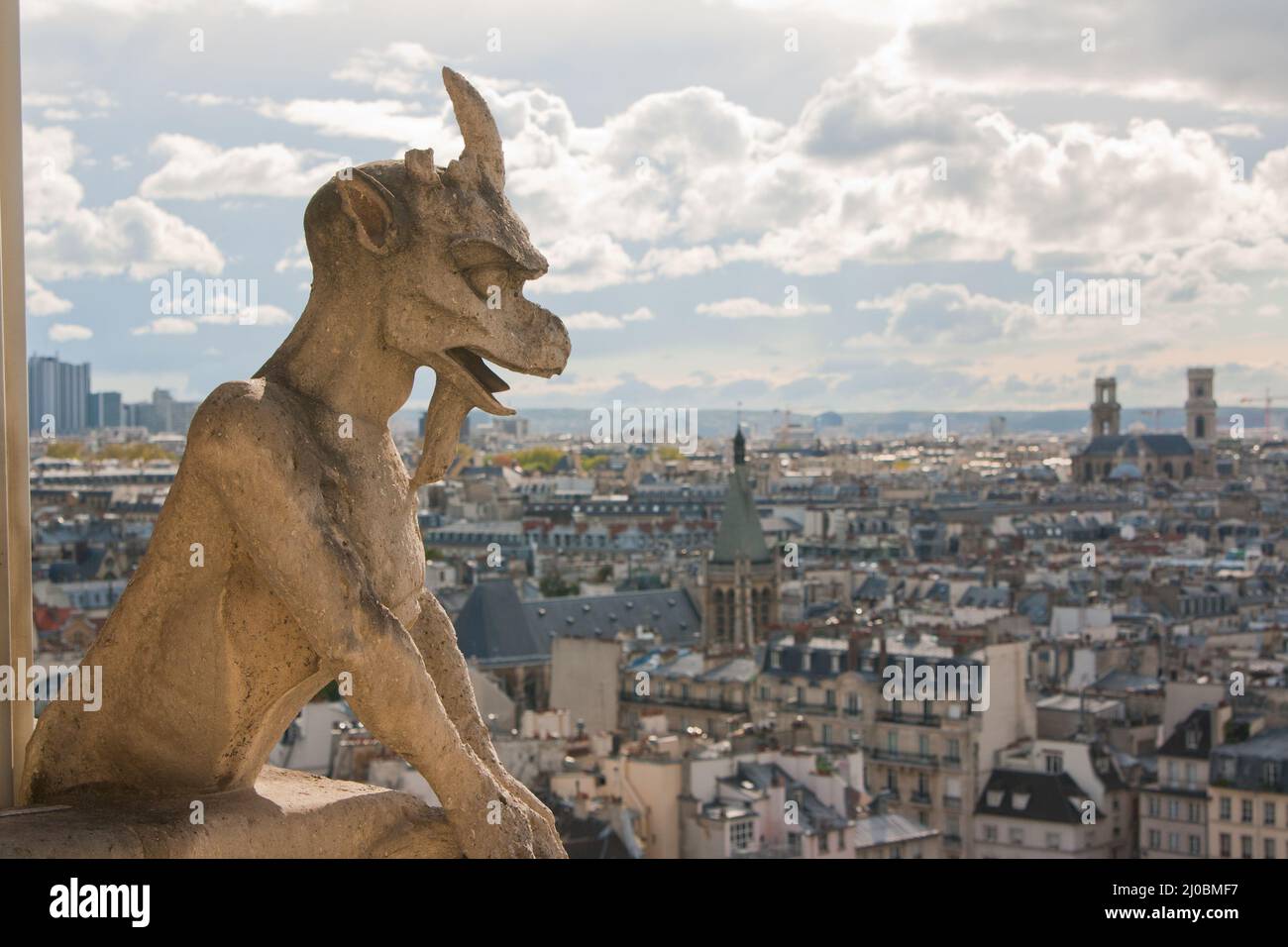 Wasserspeier an der Kathedrale Notre Dame und der Stadt Paris aus nächster Nähe, Frankreich Stockfoto