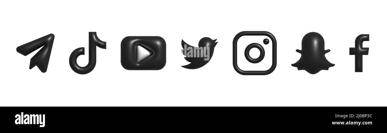 Logo-Set für soziale Medien. Schwarze Symbole für soziale Medien. 3D Vektor. Stock Vektor