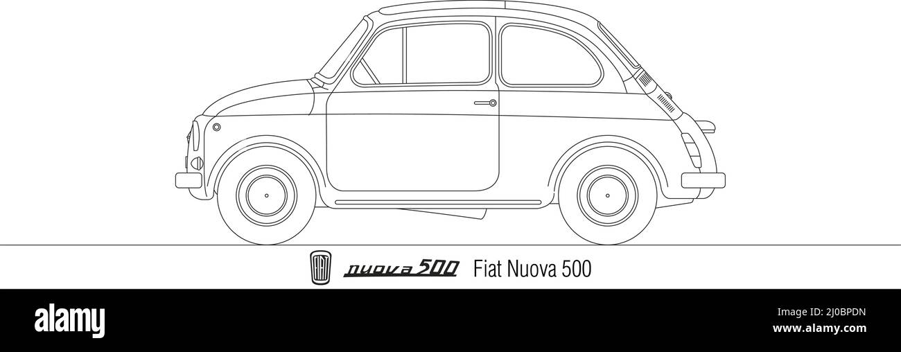 Italien, Jahr 1957, Nuova Fiat 500 beliebtes Auto, Illustration skizziert Stock Vektor