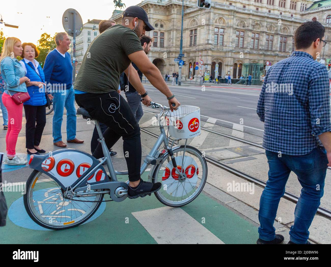Wien, Österreich, mittelgroße Menschenmenge, Radfahren auf dem Radweg auf der Straße in der Innenstadt, Fahrräder Stockfoto