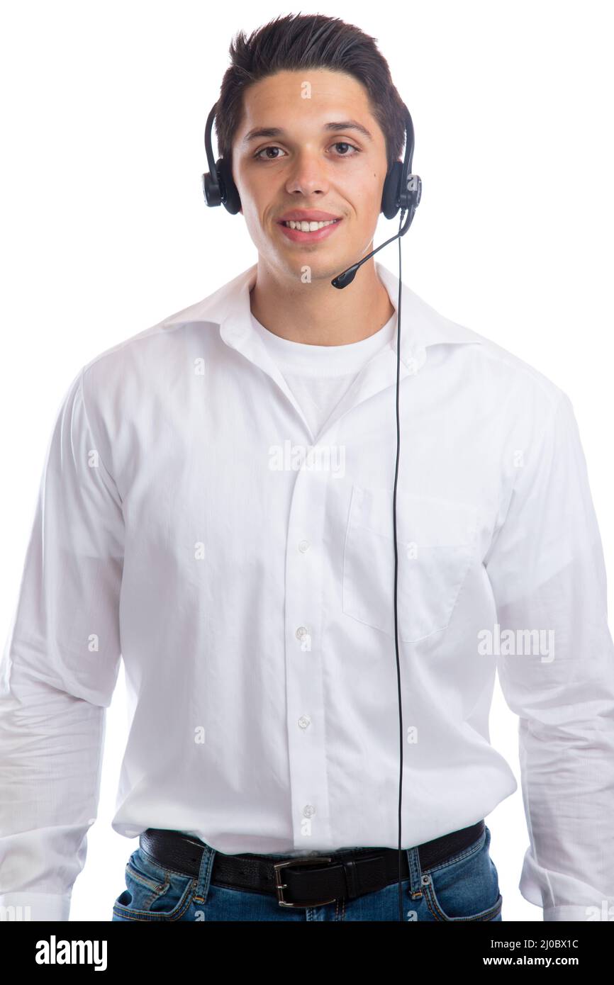 Junger Mann mit Headset, Telefon, Call Center, Büromitarbeiterausschnitten Stockfoto