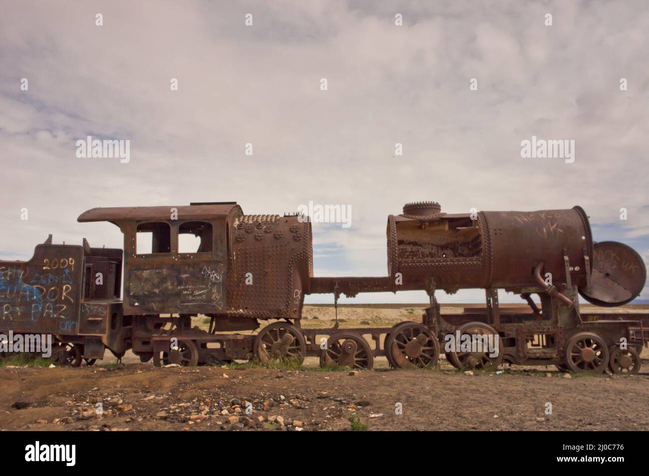 Eisenbahnfriedhof, Salar de Uyuni, Bolivien, Südamerika Stockfoto