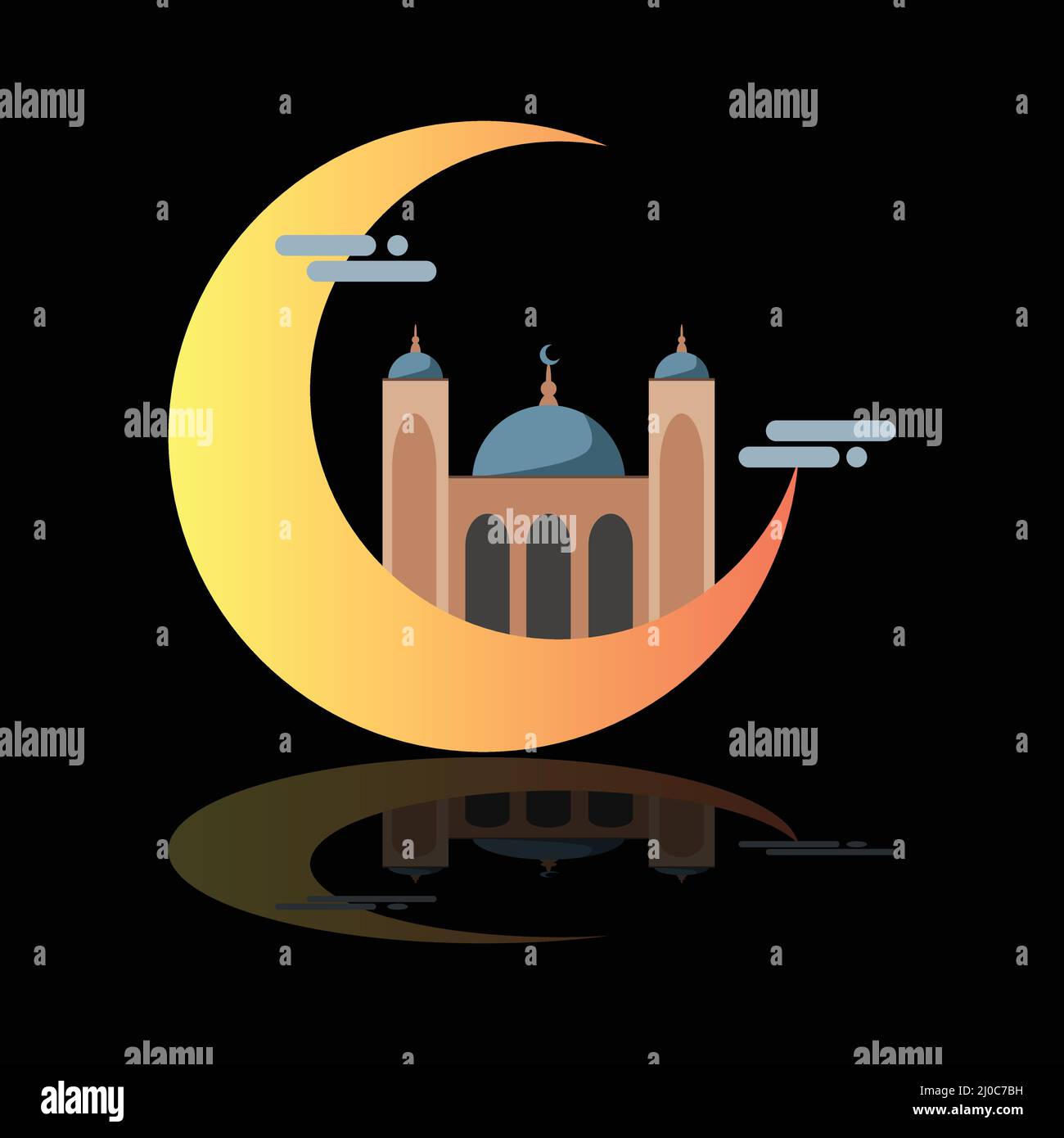 Halbmond mit Moschee, Wolken und Reflexion unter flachem Clipart. Am besten für Poster, Flyer und anderes Event-Design Stock Vektor