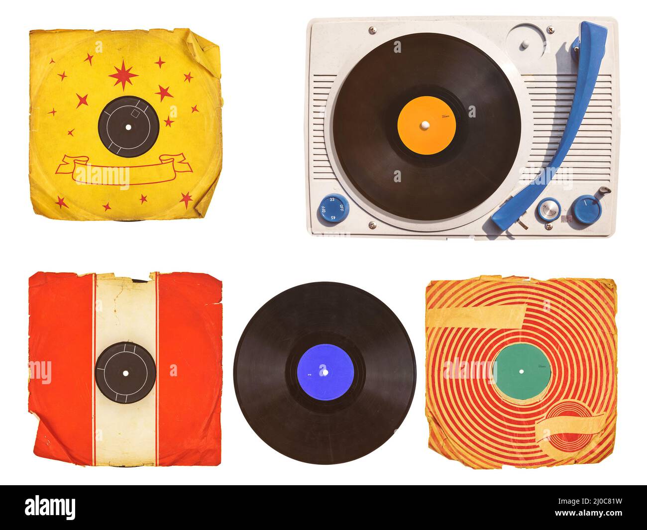 Alter Plattenspieler aus Vinyl mit Schallplatten isoliert auf Weiß Stockfoto