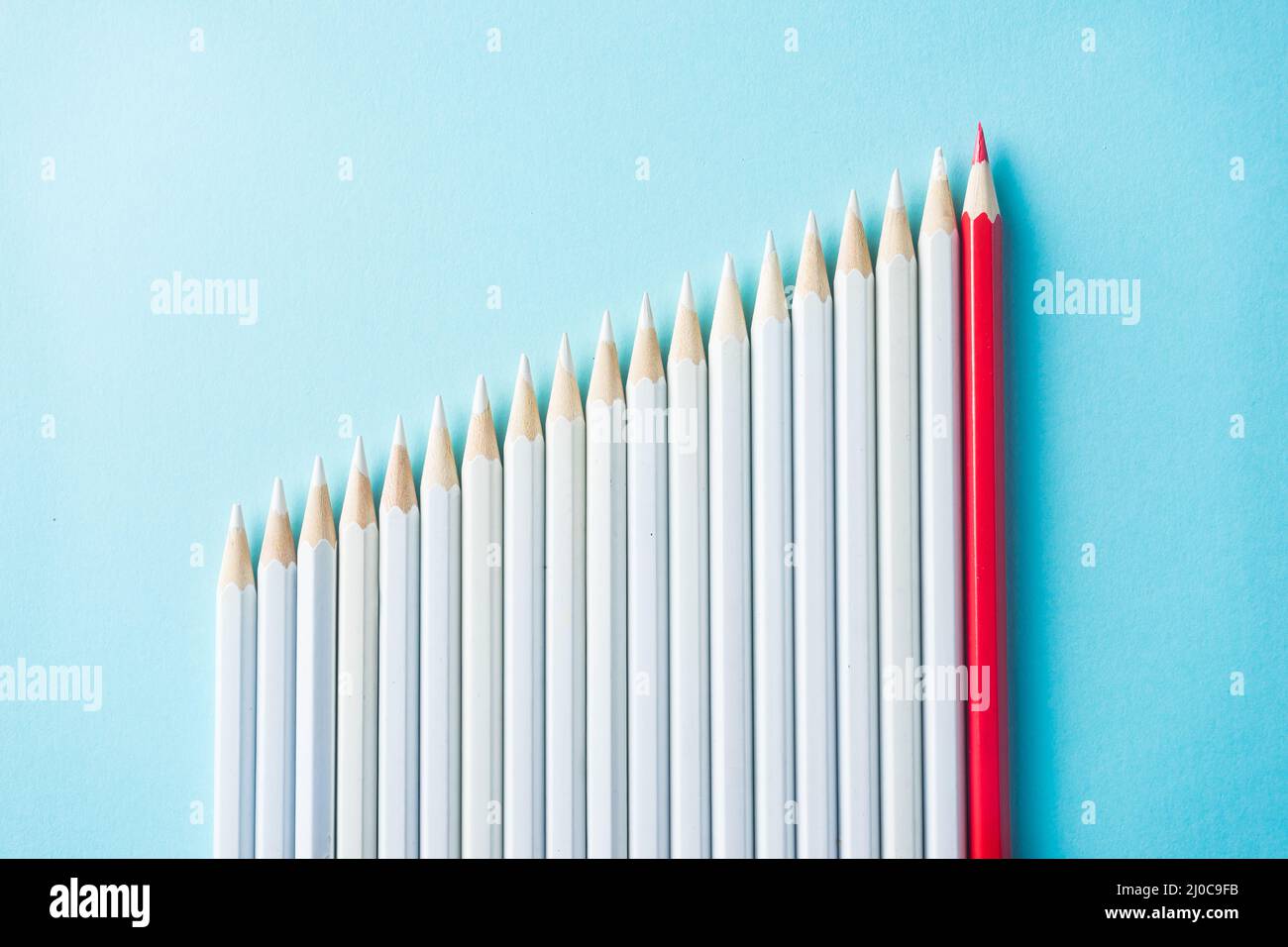 Geschäftskonzept - viele weiße Bleistifte und ein Farbstift auf blauem Papierhintergrund. Es ist ein Symbol der Führung Stockfoto