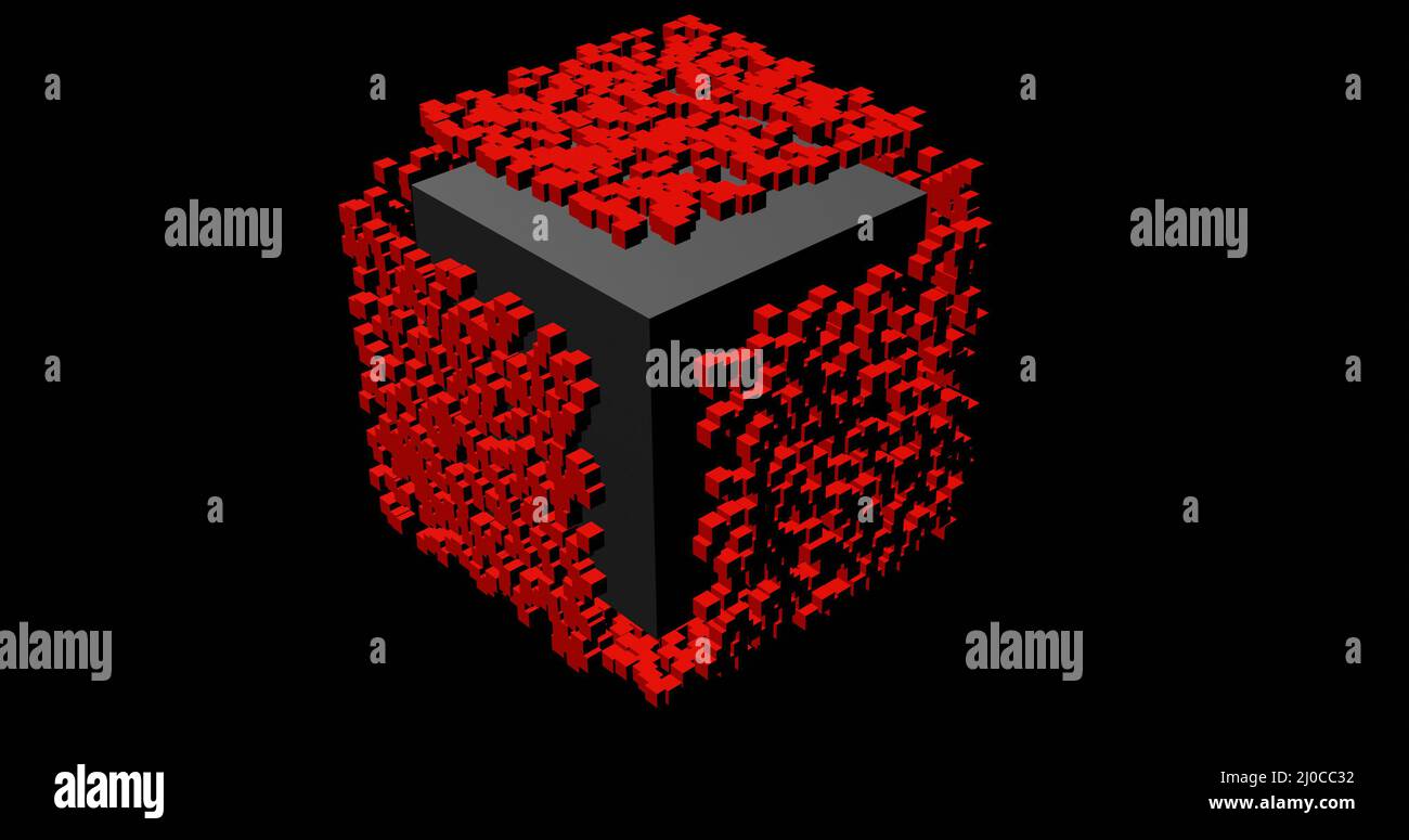 Das Konzept einer Black Box. Das Logo ist ein schwarzer Würfel, der von roten Würfeln umgeben ist. 3D Rendern Stockfoto